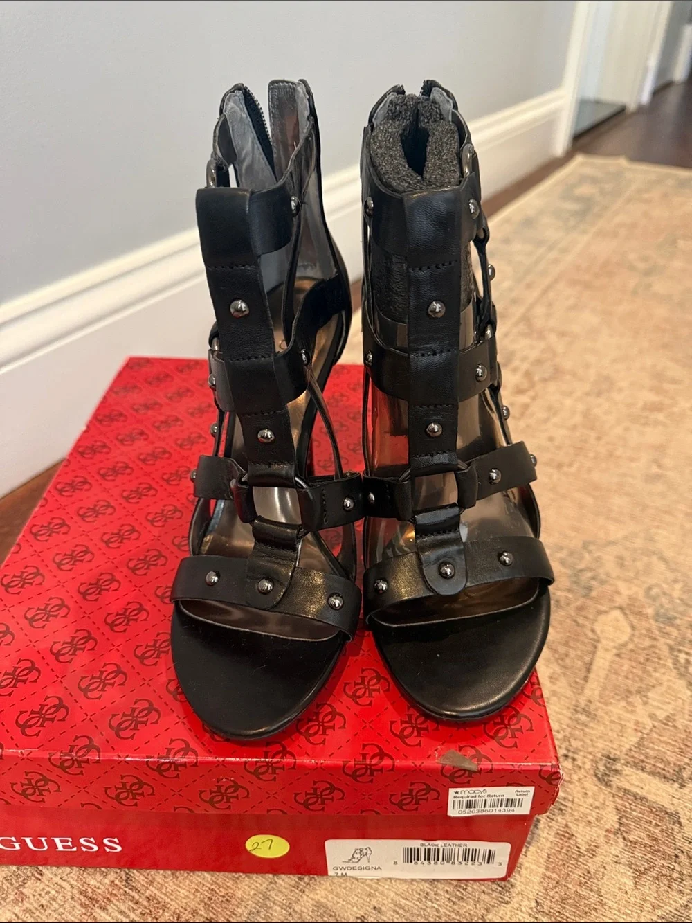GUESS Black Strappy Studded High-Heel Sandal Booties